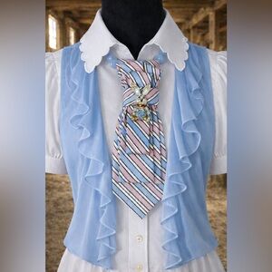 EASTER Blue Pink Striped Necktie Necklace Bunny Rabbit Rhinestone Brooch OOAK